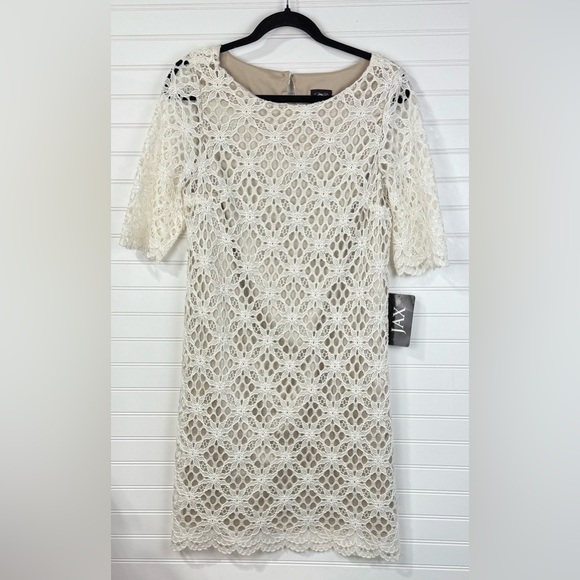 JAX women’s champagne gold & floral ivory lace overlay shift dress. Size 12. NWT - Picture 1 of 9